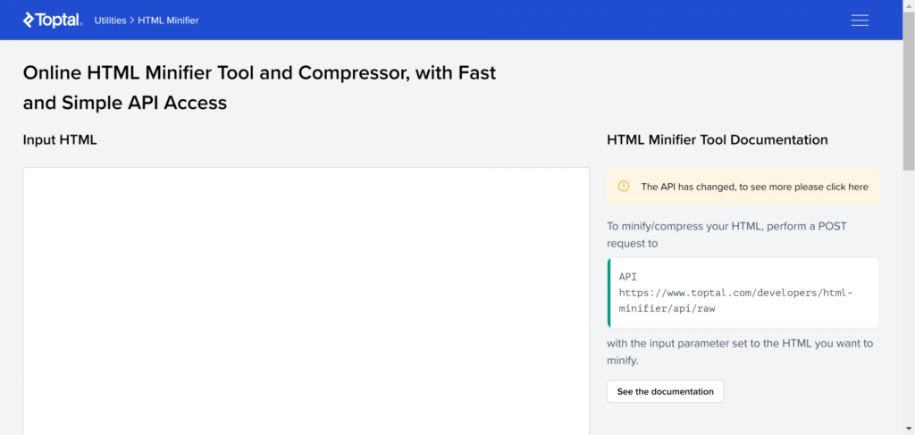 Toptal - online HTML minifier and compressor for fast landing pages in affiliate marketing