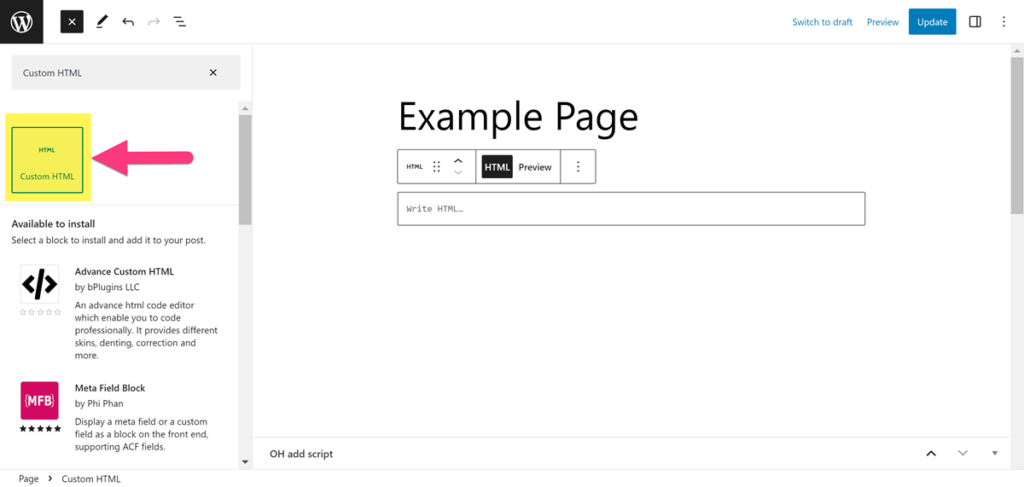 WordPress Landing page - how to use custom HTML editor