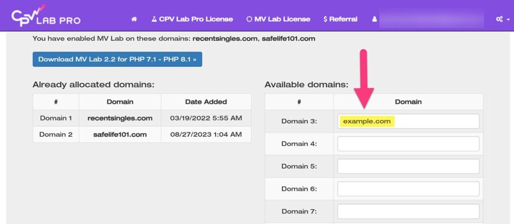 MV Lab - available domains