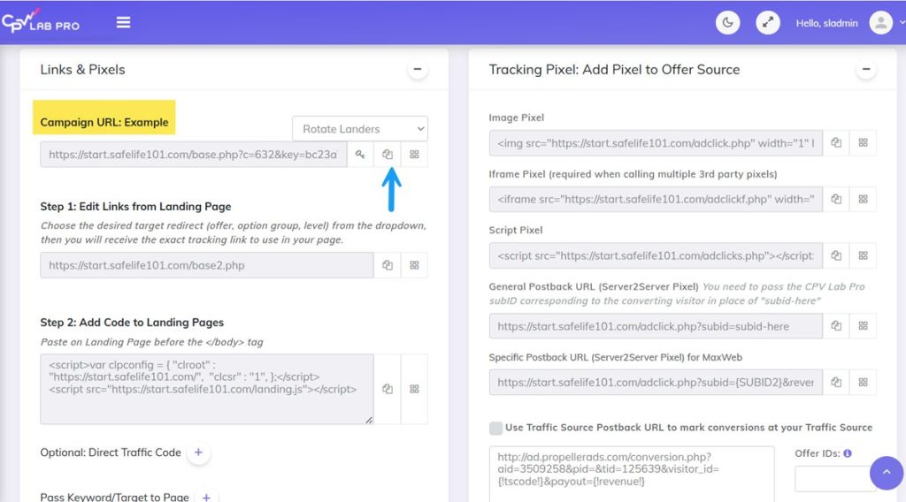 Campaign URL in CPV Lab to test redirect profiles