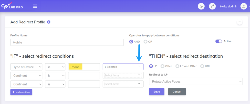 Select mobile device type for redirect in CPV Lab