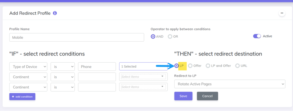 Select the condition for redirect in CPV Lab