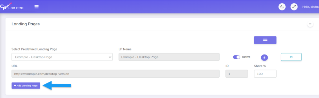 Add landing page to CPV Lab campaign
