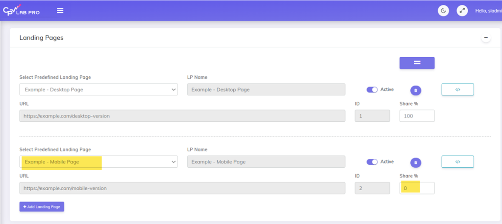 Select predefined landing pages in CPV Lab