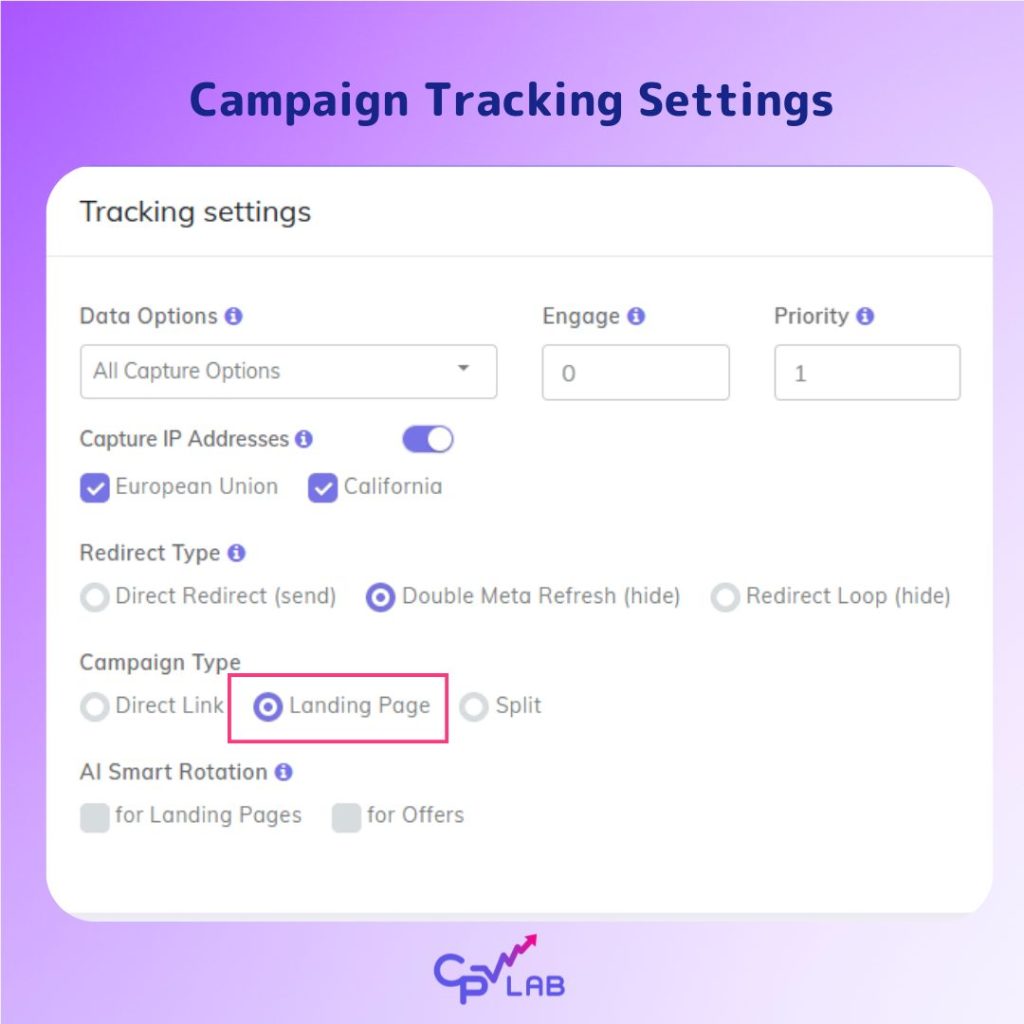 campaign tracking settings in CPV Lab ad tracker for landing page split testing