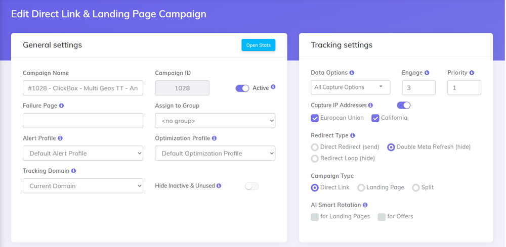 Zeropark campaign setup in CPV Lab | CPV One ad tracker