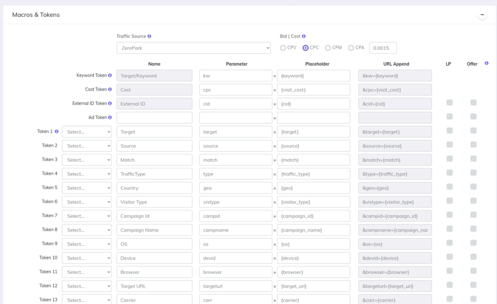 Zeropark traffic source setup in CPV Lab conversion tracker