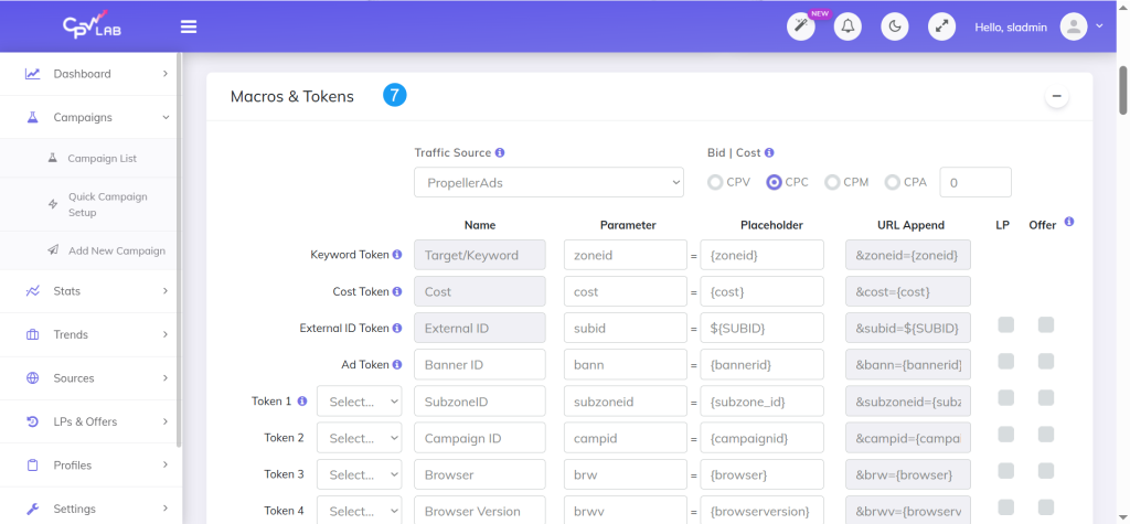  Macros and Tokens section in CPV Lab with Propeller Ads