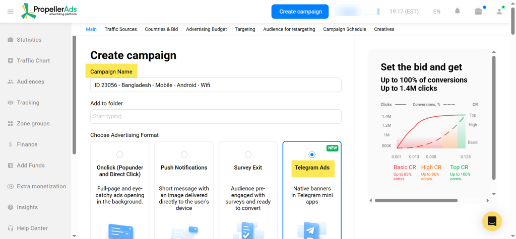 Telegram Ads campaign in Propeller Ads