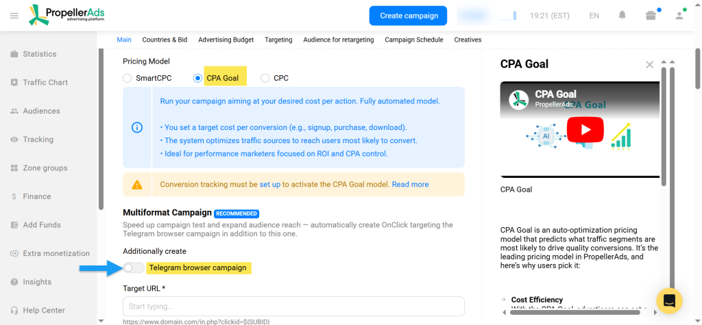 PropellerAds CPA Goal