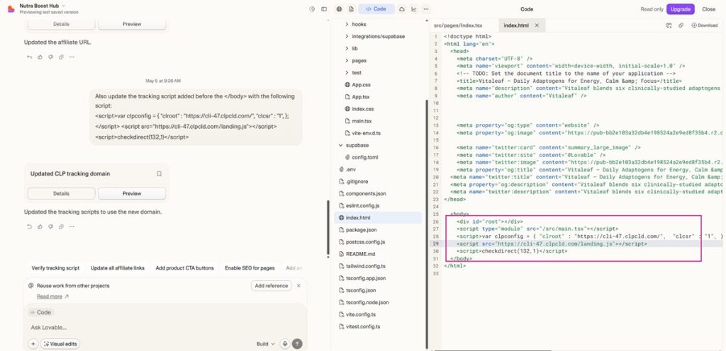 Lovable landing page with CPV Lab tracking code