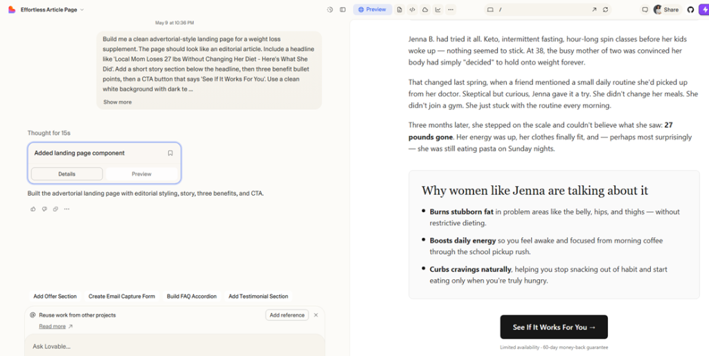 Lovable landing page for nutra product