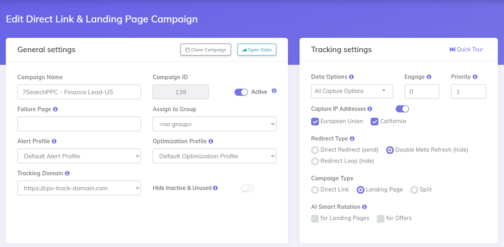 CPV Lab create campaign general settings