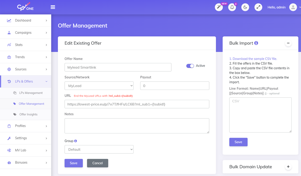 CPV Lab Offer Management page — Add New Offer form