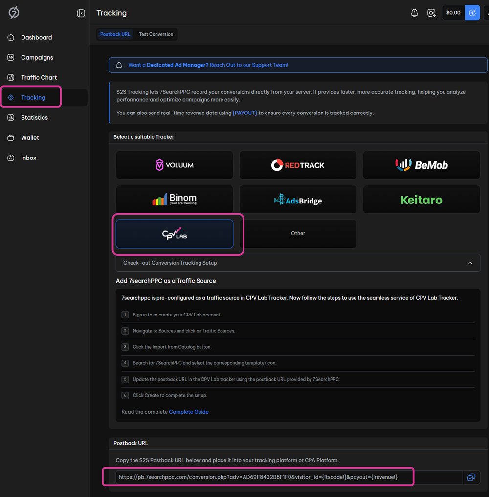 7SearchPPC advertiser dashboard — Tracking section — CPV Lab selected and the Postback URL