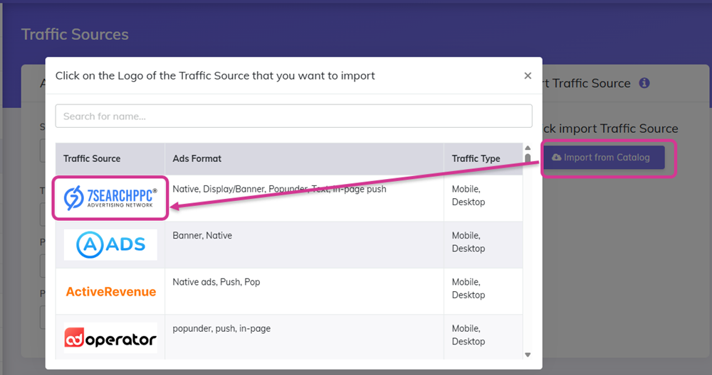 Traffic Sources page — Import 7SearchPPC from Catalog