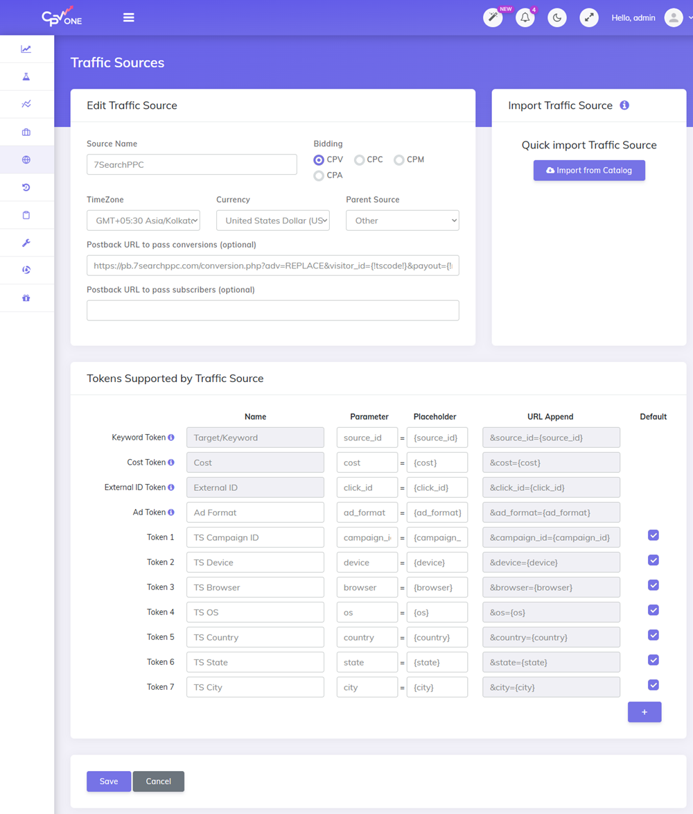 Traffic Sources page — 7SearchPPC Configuration
