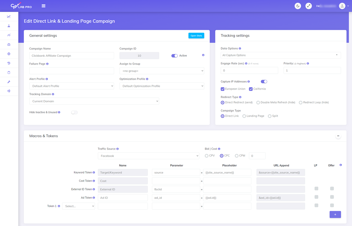 Add Direct Link And Landing Page campaign