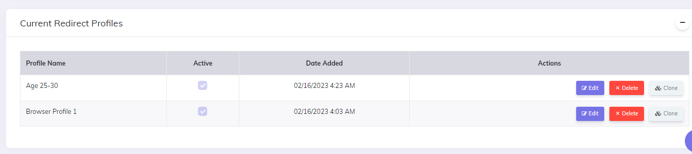 Redirect Profile - current redirect profiles for the selected campaign