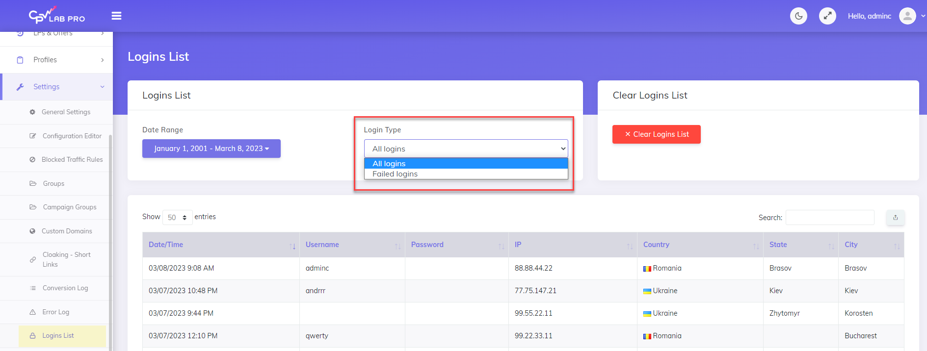 Logins page