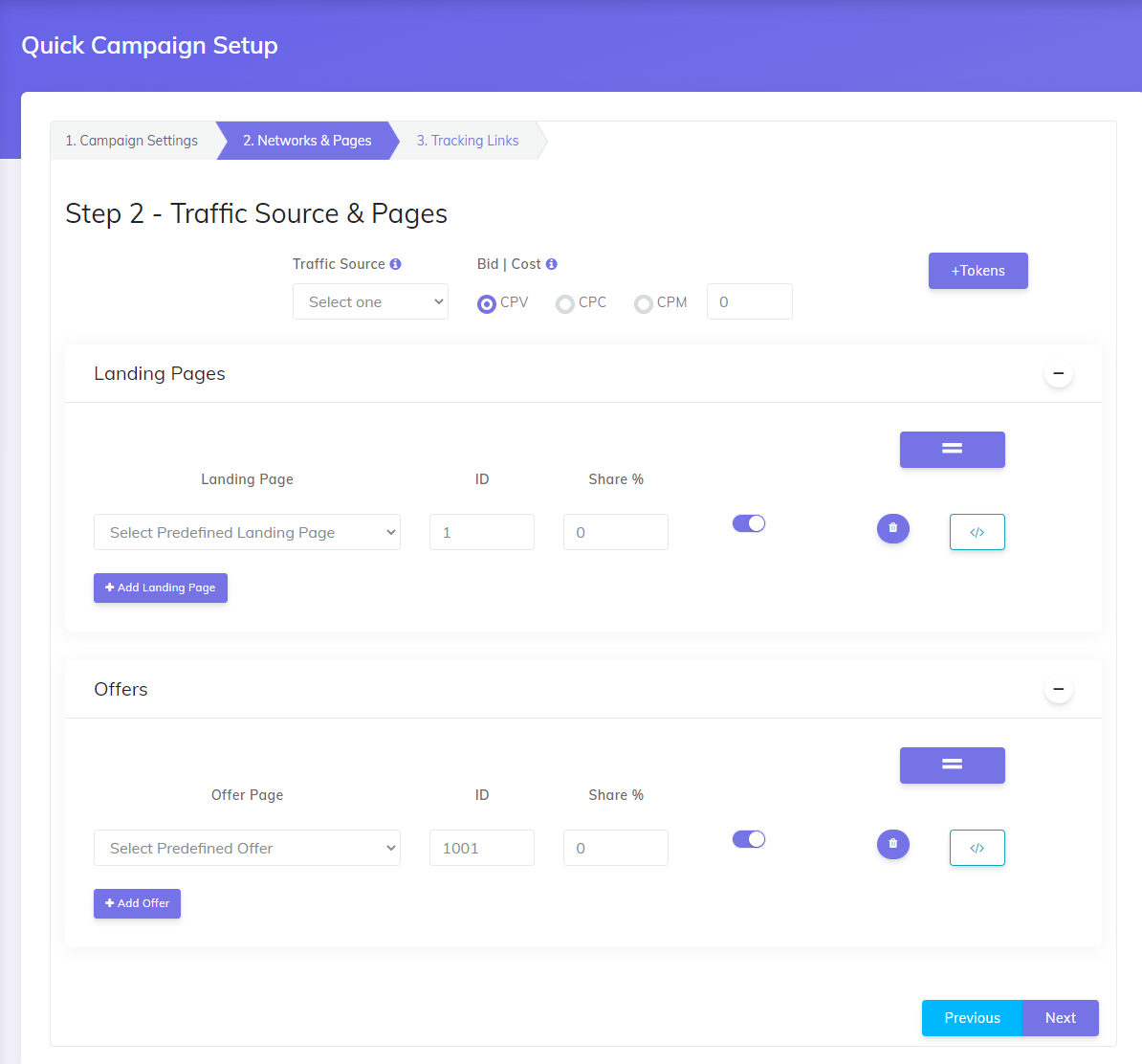 Quick campaign networks and pages