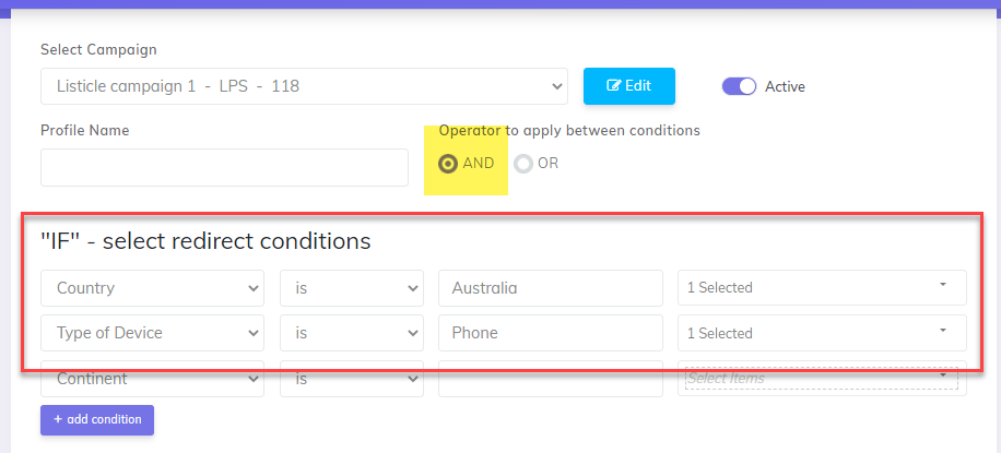 CPVLab - Redirect Profiles example with AND operator