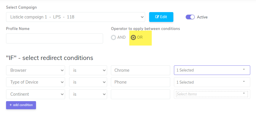 CPVLab - Redirect Profiles example with OR operator