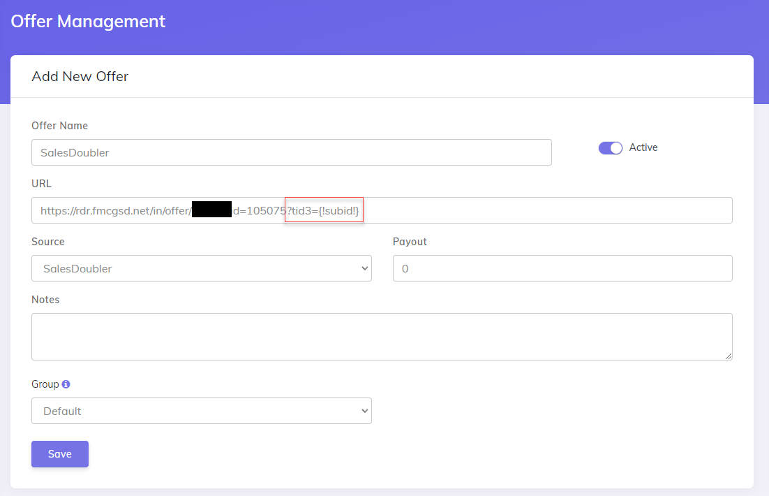 Salesdoubler add offer in the tracker