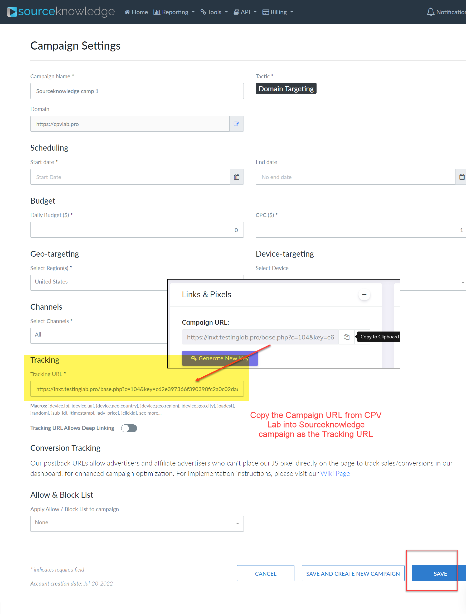 SourceKnowledge new campaign setup