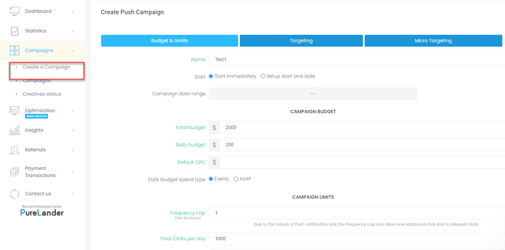 ActiveRevenue create campaign dashboard