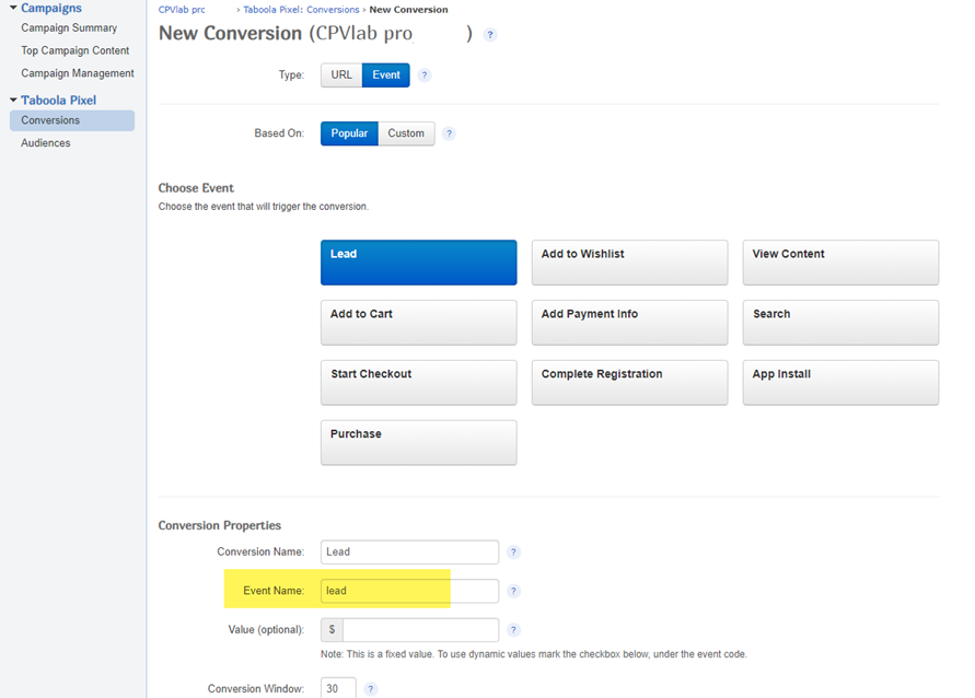 Event name for Taboola Postback URL
