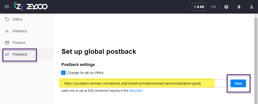 Add Zeydoo Postback URL