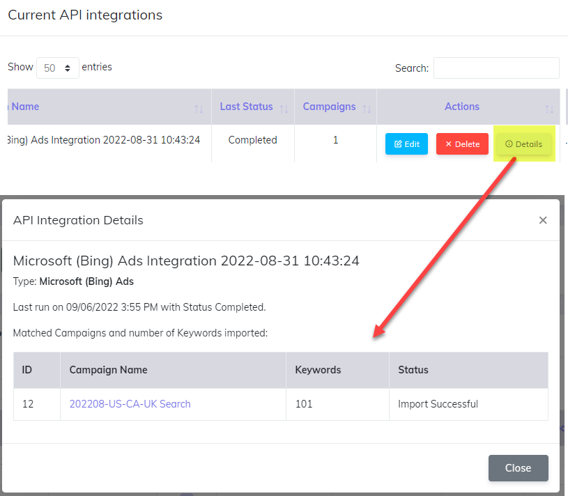 Microsoft Bing Ads API matched campaigns