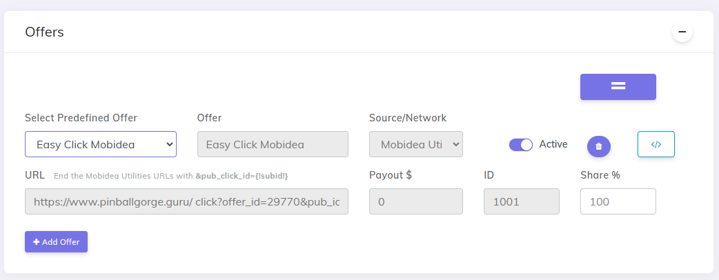 Campaign Setup Offer Page