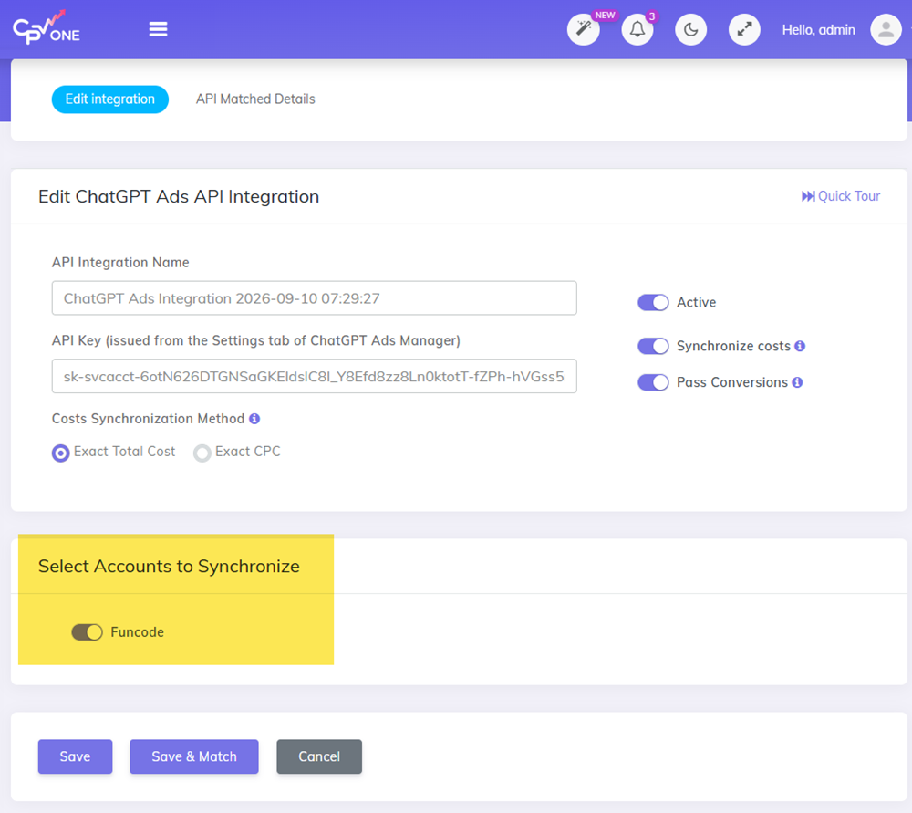 ChatGPT Ads API integration in CPV Lab - select accounts to syncronize cost for