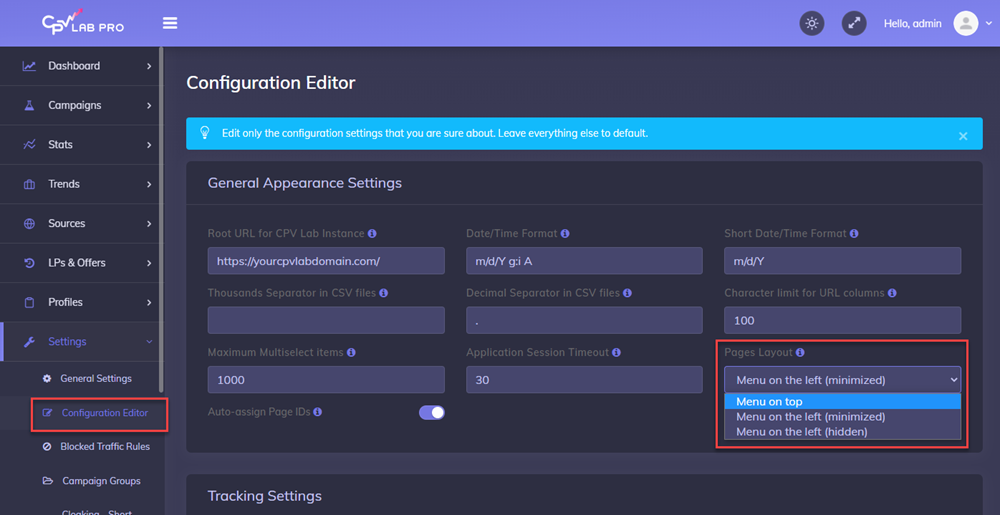 Dark mode configuration menu