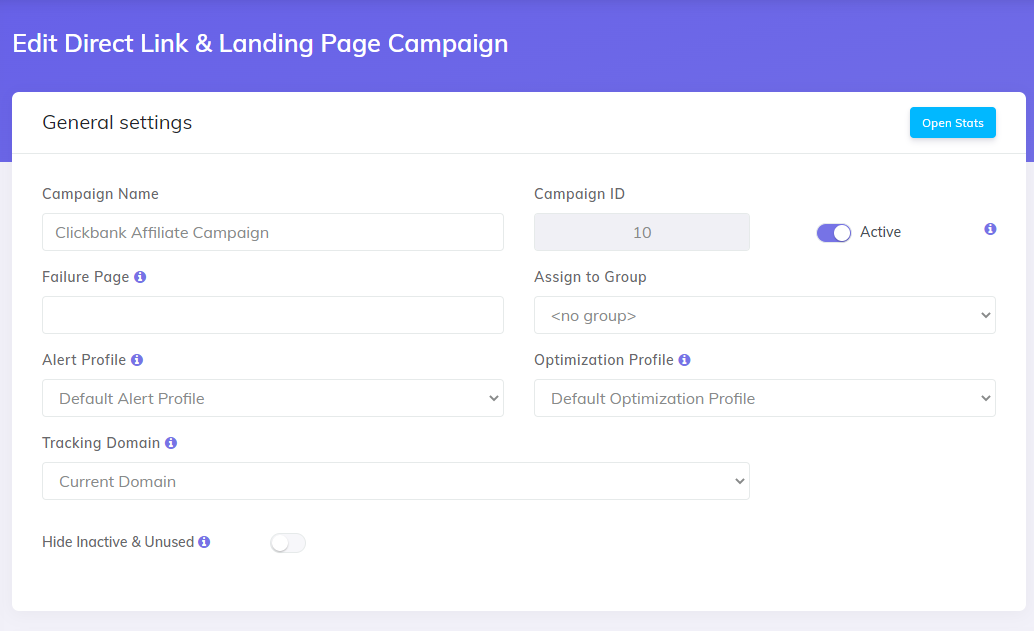 Add Direct Link And Landing Page campaign General Settings