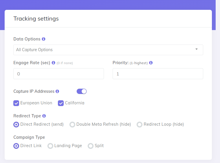 Add Direct Link And Landing Page campaign Tracking Settings