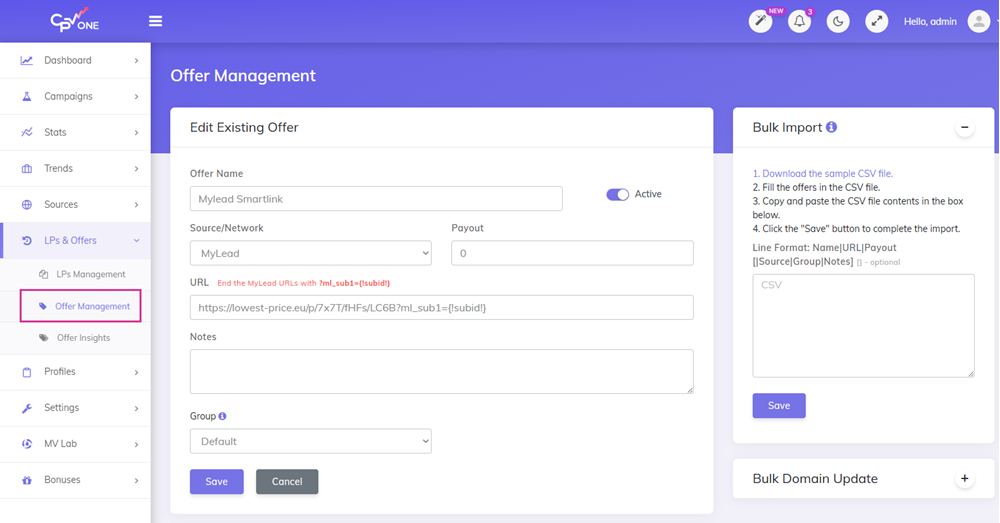 Add an offer affiliate link in CPV Lab