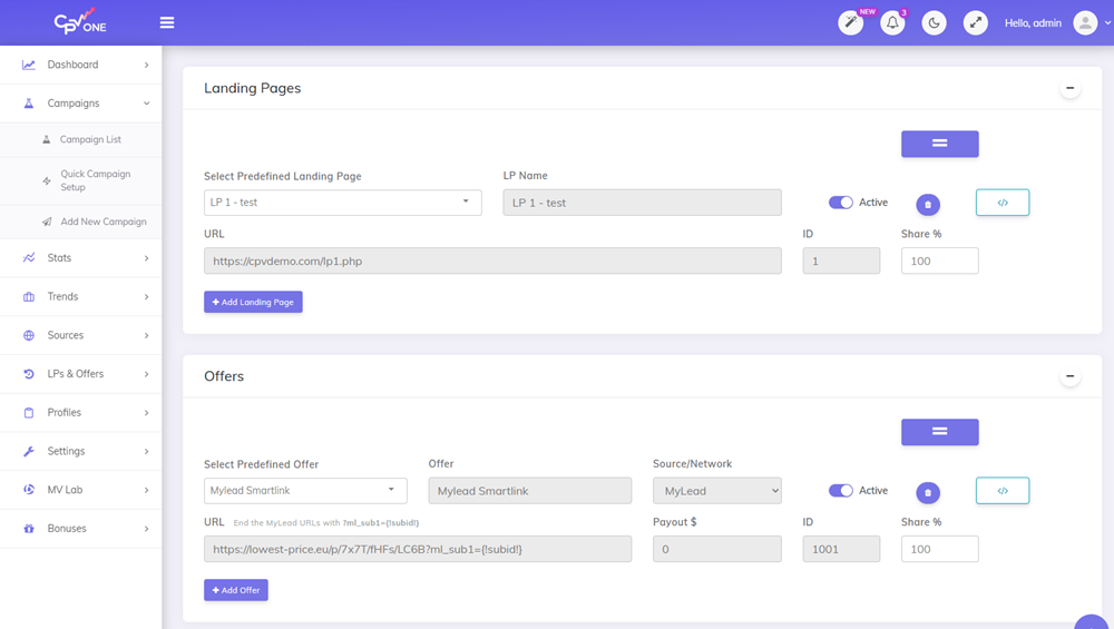 FatAds campaign in CPV Lab - add landing page and offer