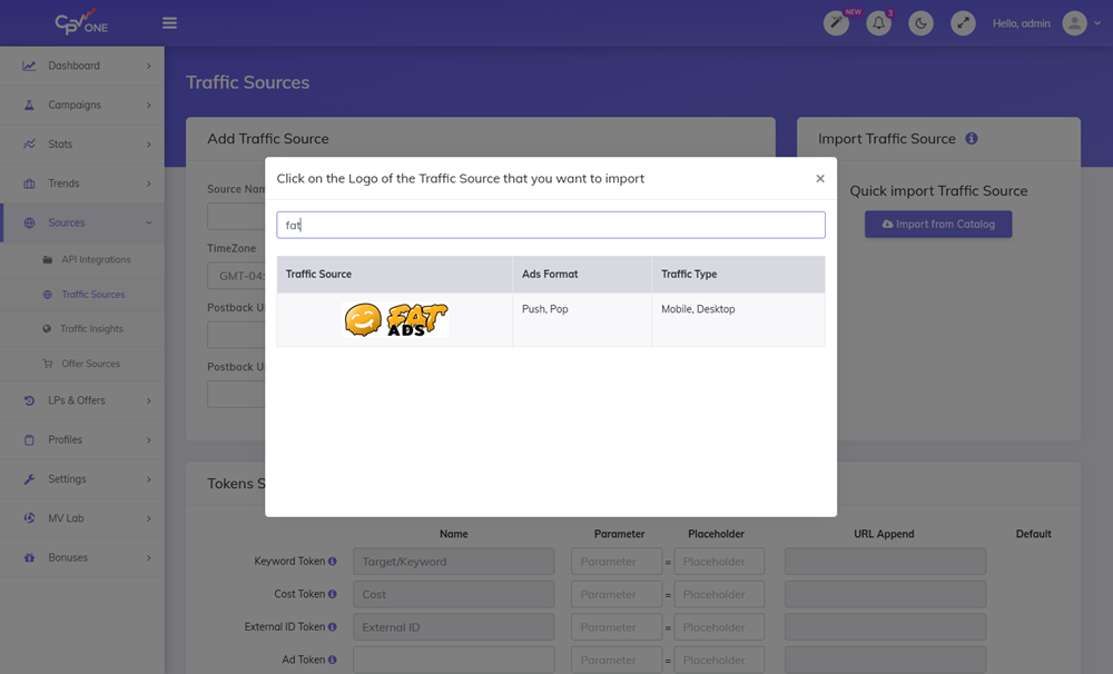 CPV Lab traffic sources with FatAds in catalog