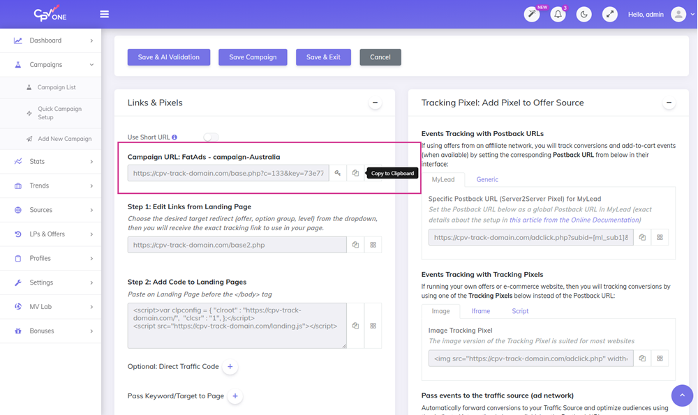 FatAds campaign in CPV Lab - tracking link