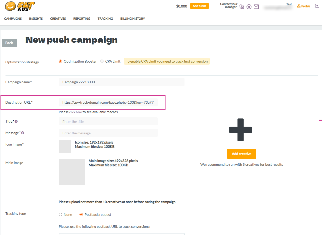 FatAds campaign  - destination URL setup