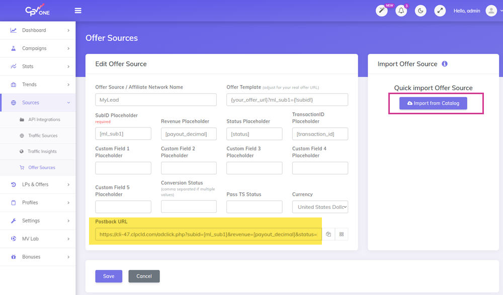 CPV Lab Offer source selection from catalog