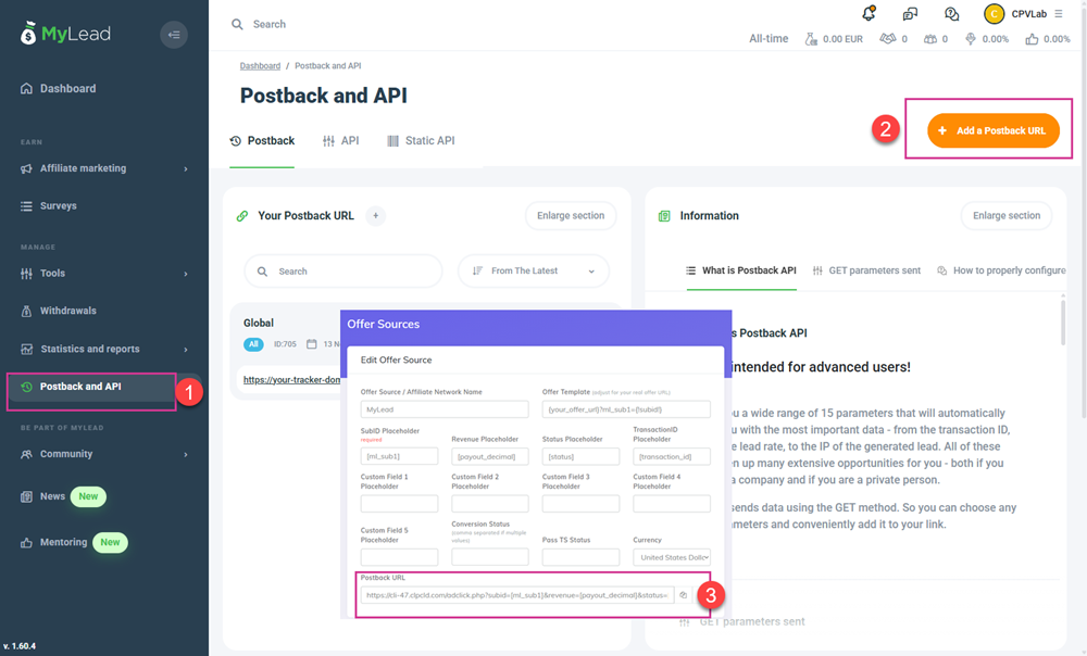 MyLead Global Postback Setup