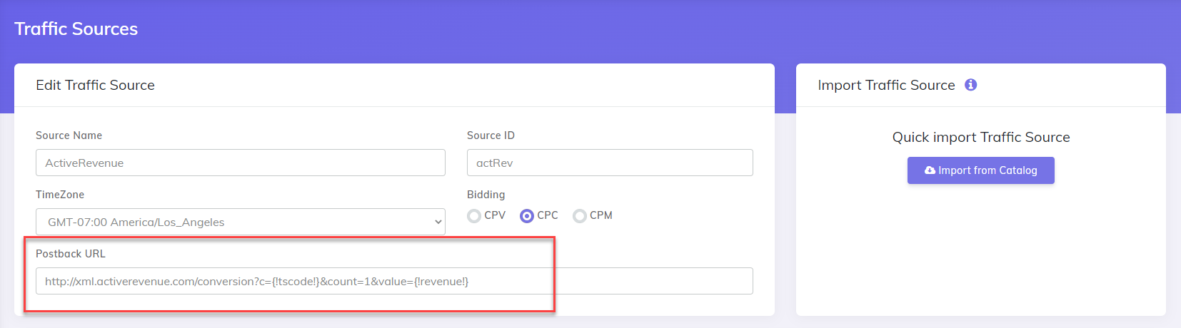 Traffic source catalog - Loaded Postback URL