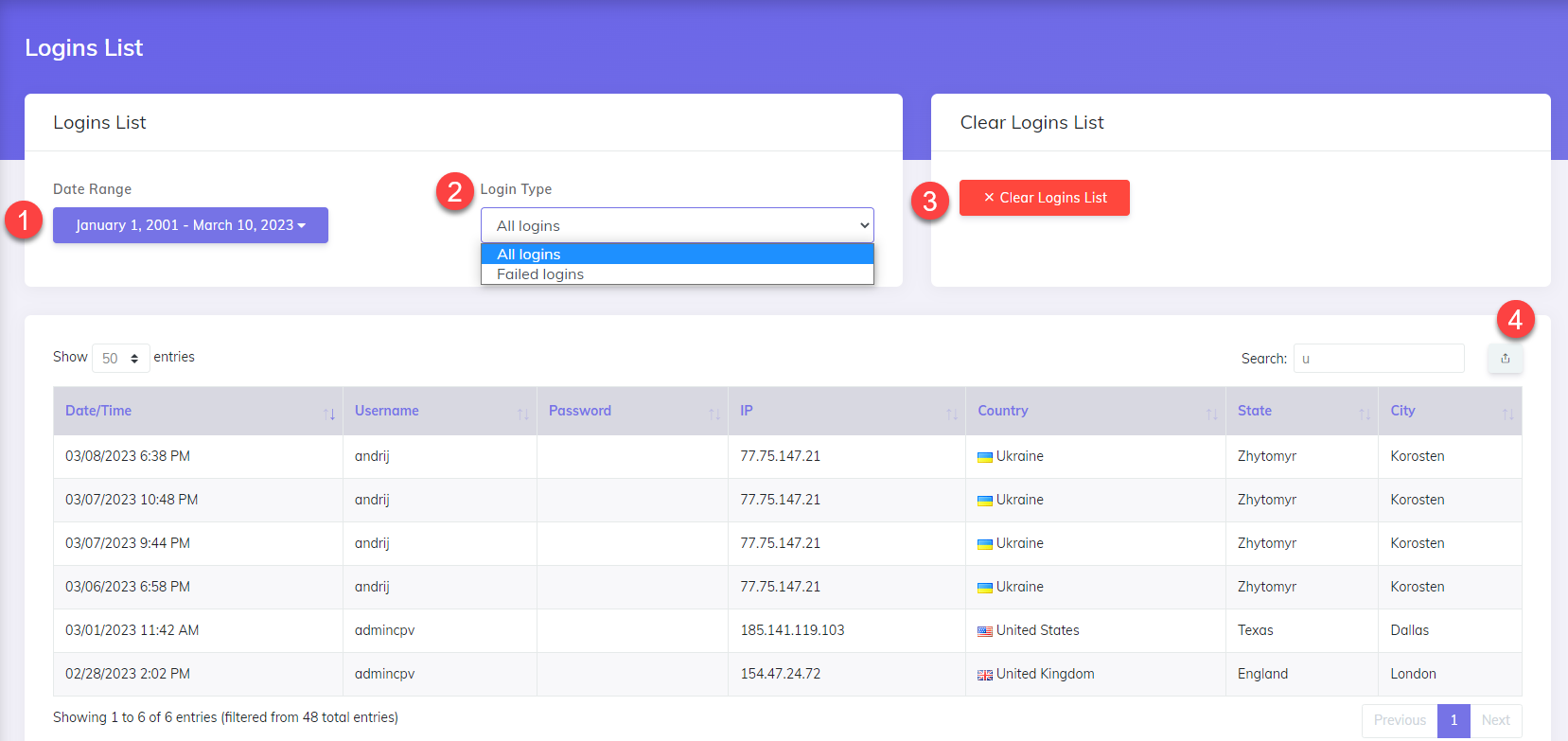 Logins Page