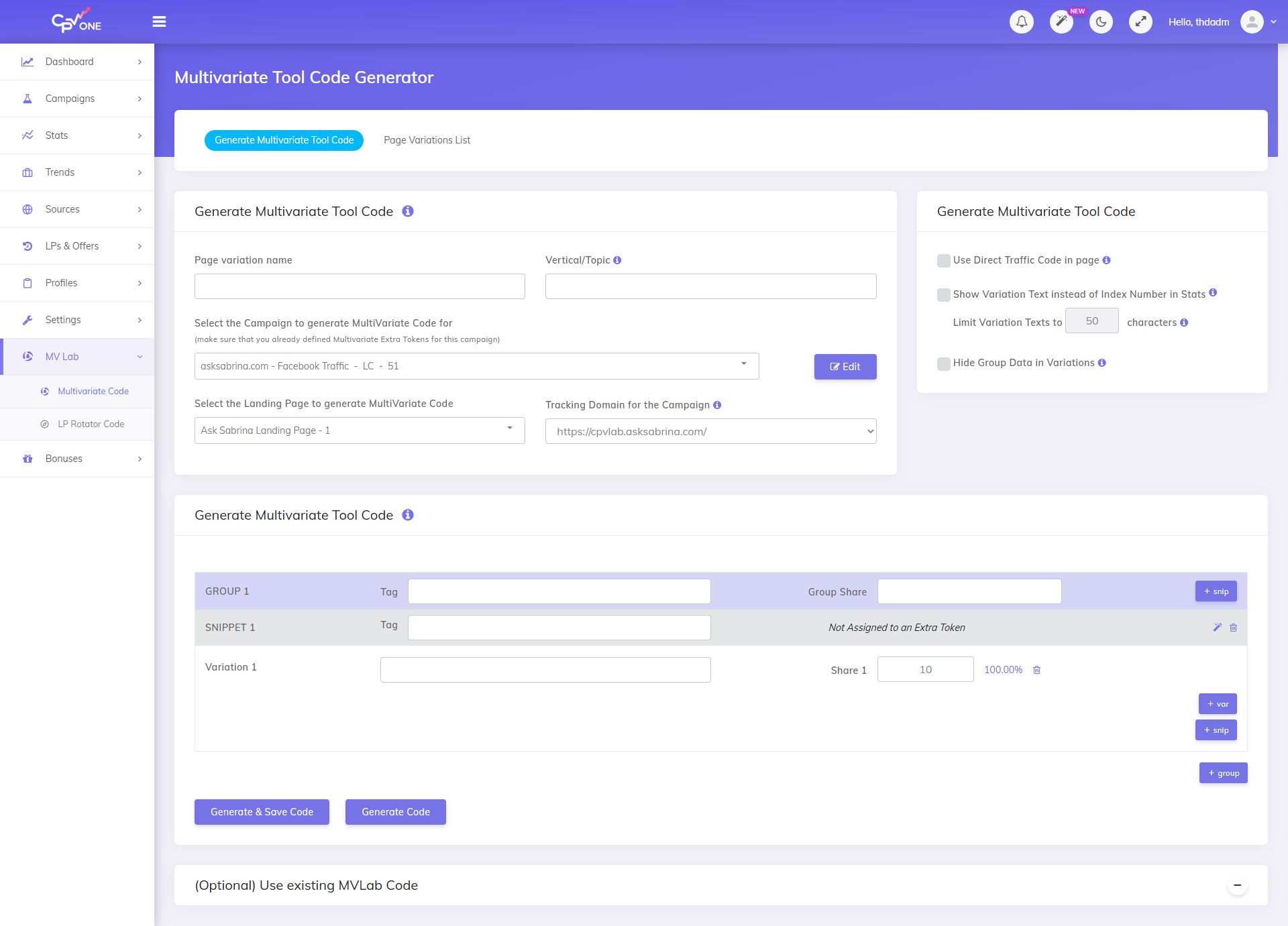 MV Lab Page Code Generator