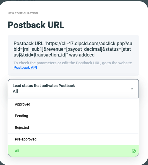 MyLead Global Postback Setup conversion status