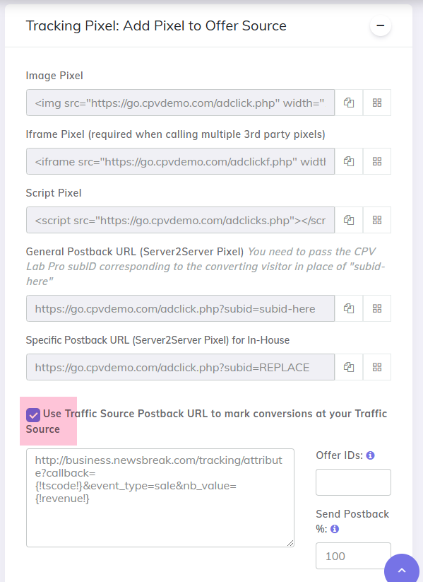 NewsBreak Postback URL in CPV Lab